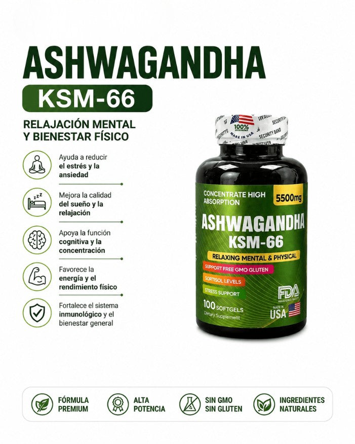 Ashwagandha KSM-66 con St. John's Wort, frasco de 100 softgels