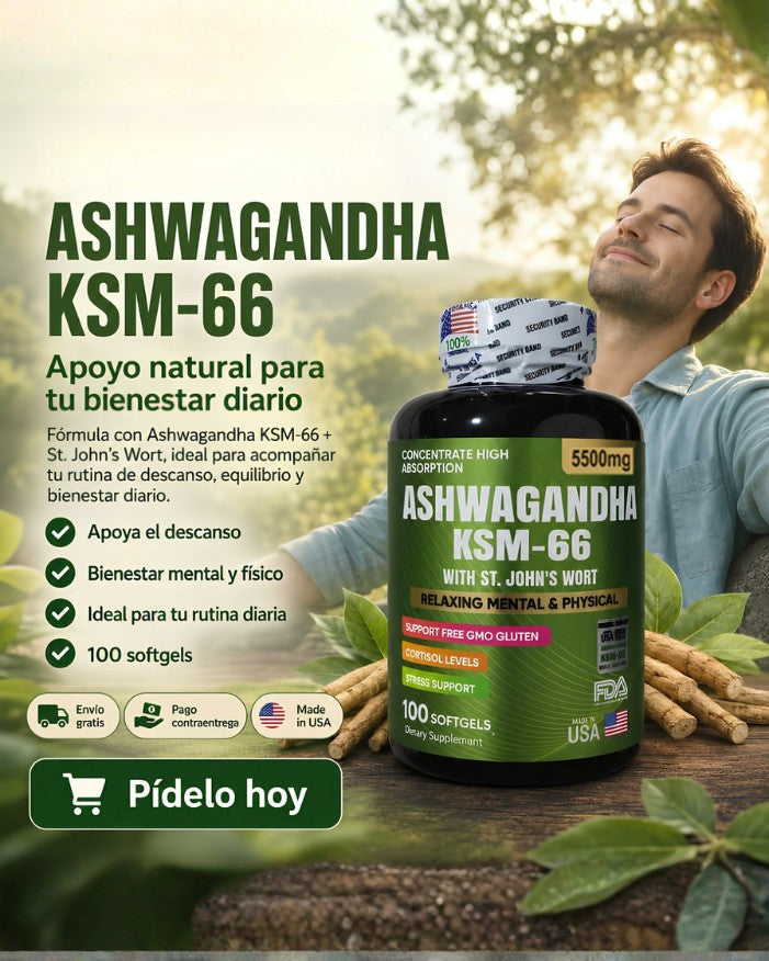Ashwagandha KSM-66 con St. John's Wort, frasco de 100 softgels