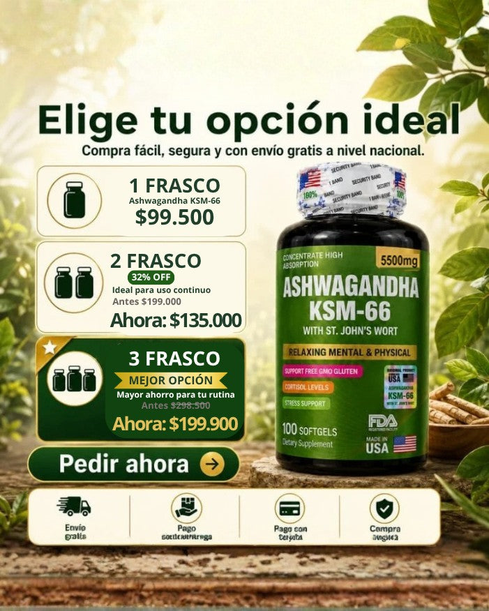 Ashwagandha KSM-66 con St. John's Wort, frasco de 100 softgels